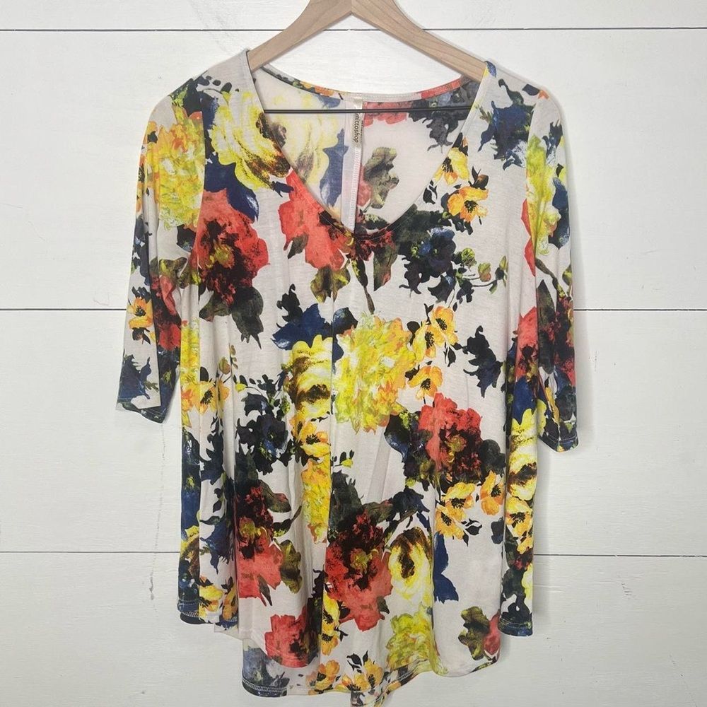 Mittoshop • Floral V-Neck Elbow Length Blouse Size Large